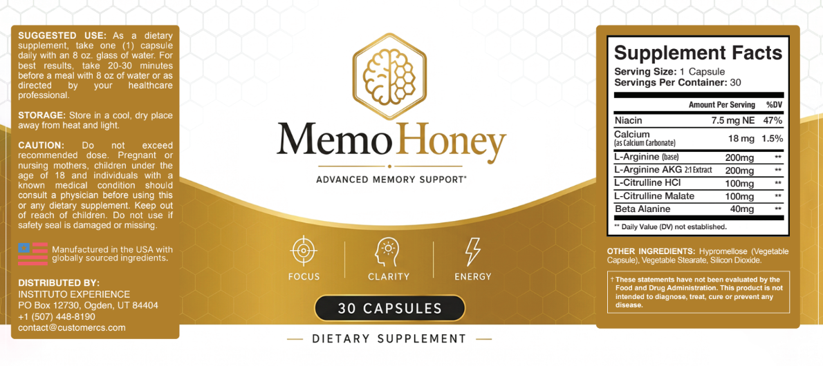 MemoHoney label with Supplement Facts panel